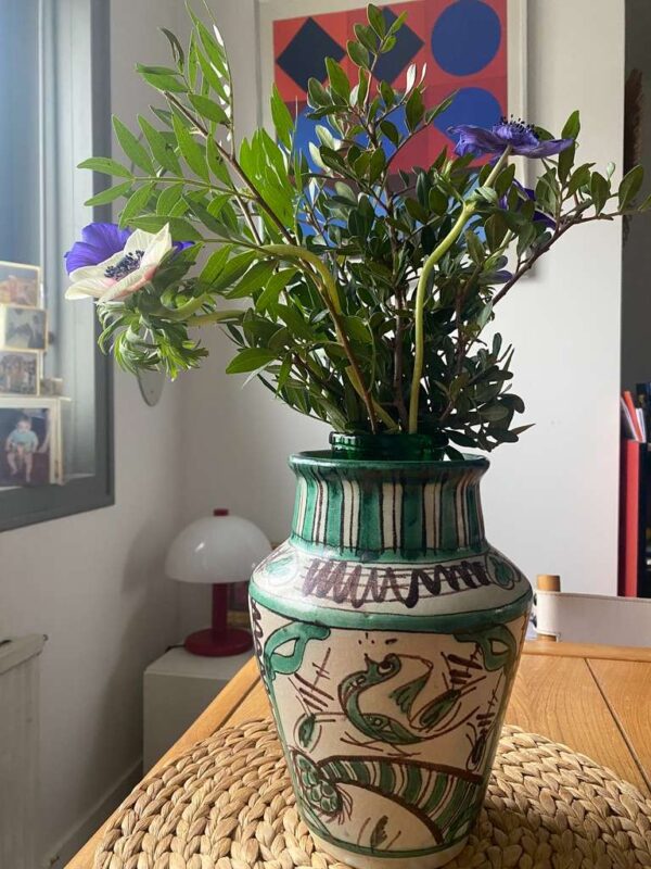 Vase Domingo Punter, céramique espagnole vert, noir et beige motifs animaliers// année 60